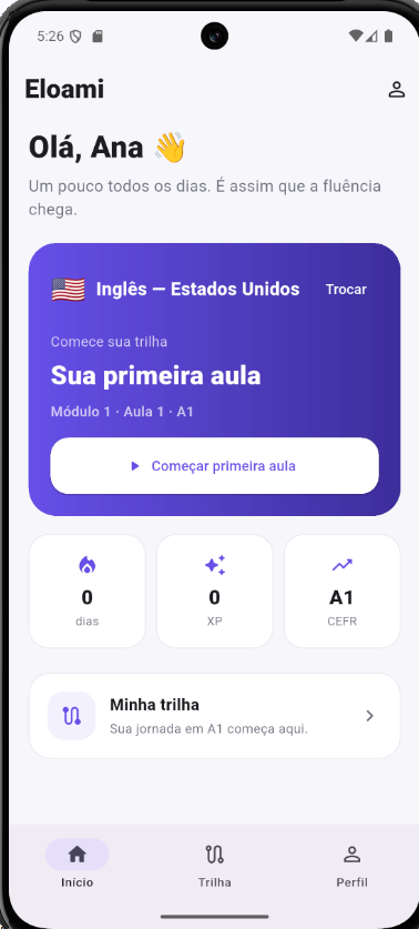 Tela inicial do aplicativo Eloami mostrando uma trilha personalizada de inglês